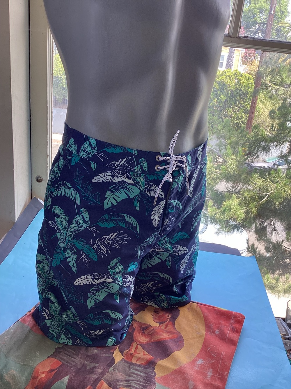Express Navy Swim Shorts with Green  leaf Tropical Print NWT
